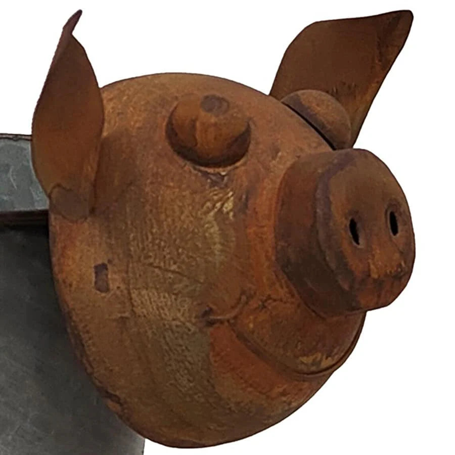 Farmyard Rusty Pig Planter with Galvanized Pot