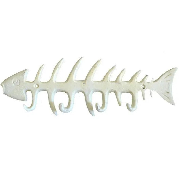 Fish Skeleton 4 Hooks Cast Iron Wall Hanging - Antique White