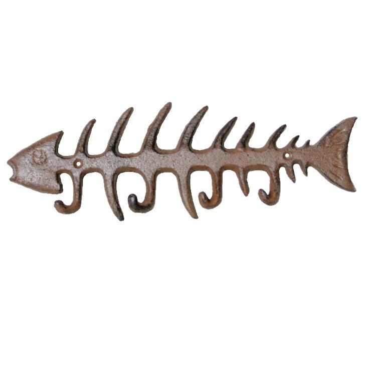 Fish Skeleton 4 Hooks Cast Iron Wall Hanging - Antique Rust