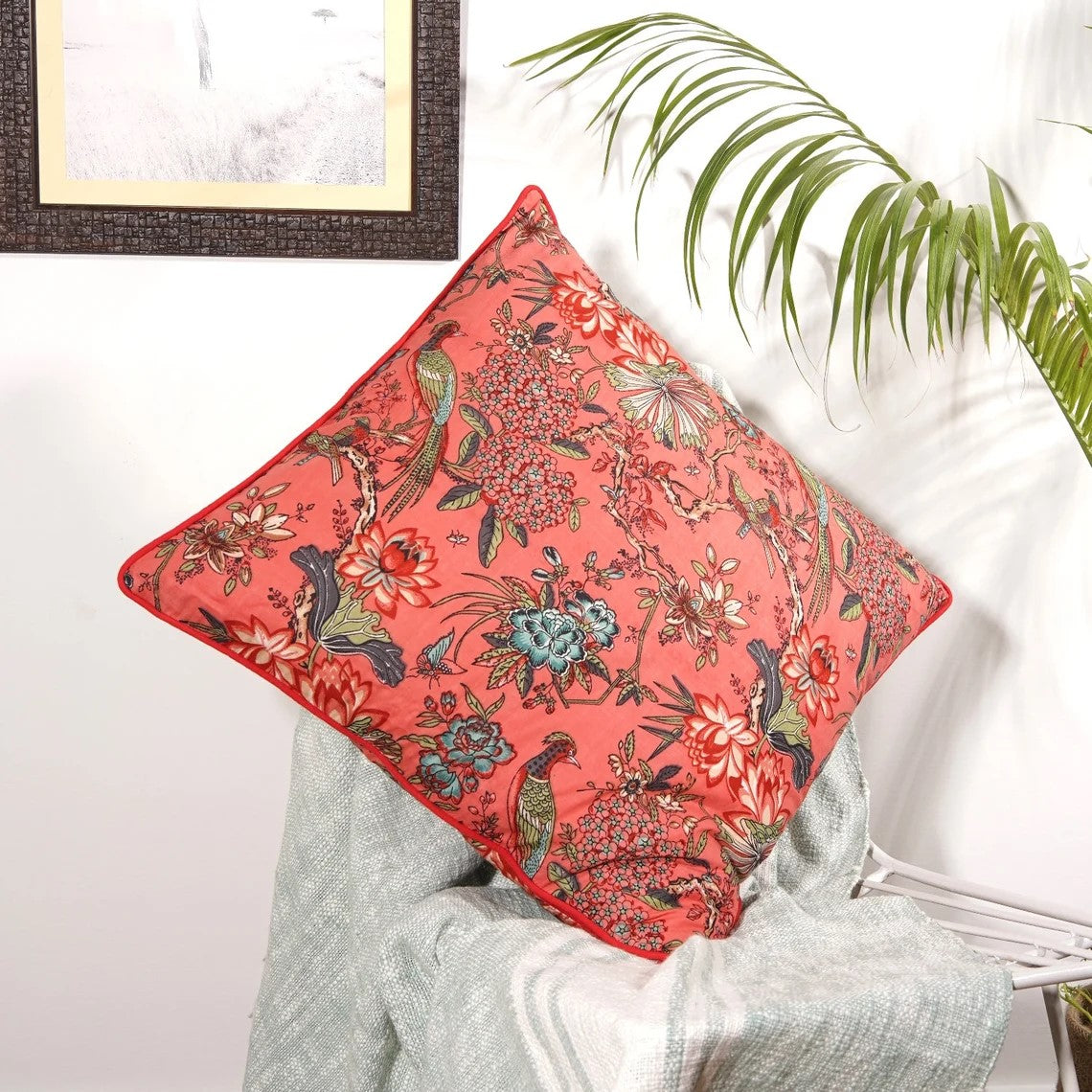 Flora Fauna Orange Cotton Cushion Cover 50 x 50cms