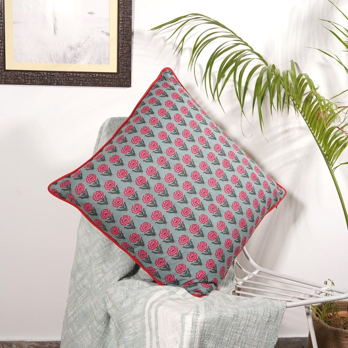 Floral Block Print Cotton Cushion Cover 50 x 50cms