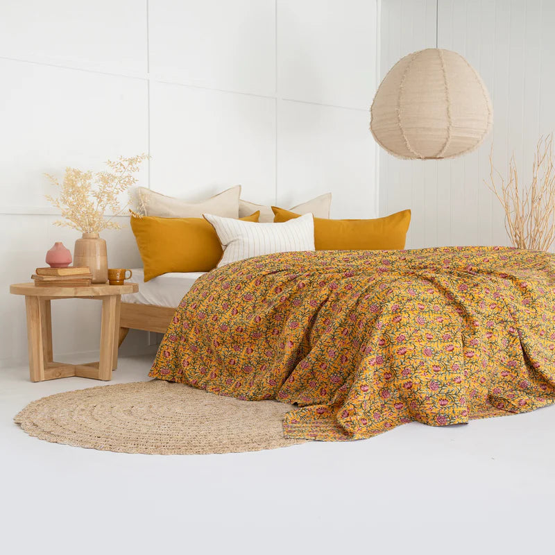 Floral Canopy in Yellow Cotton Bedspread