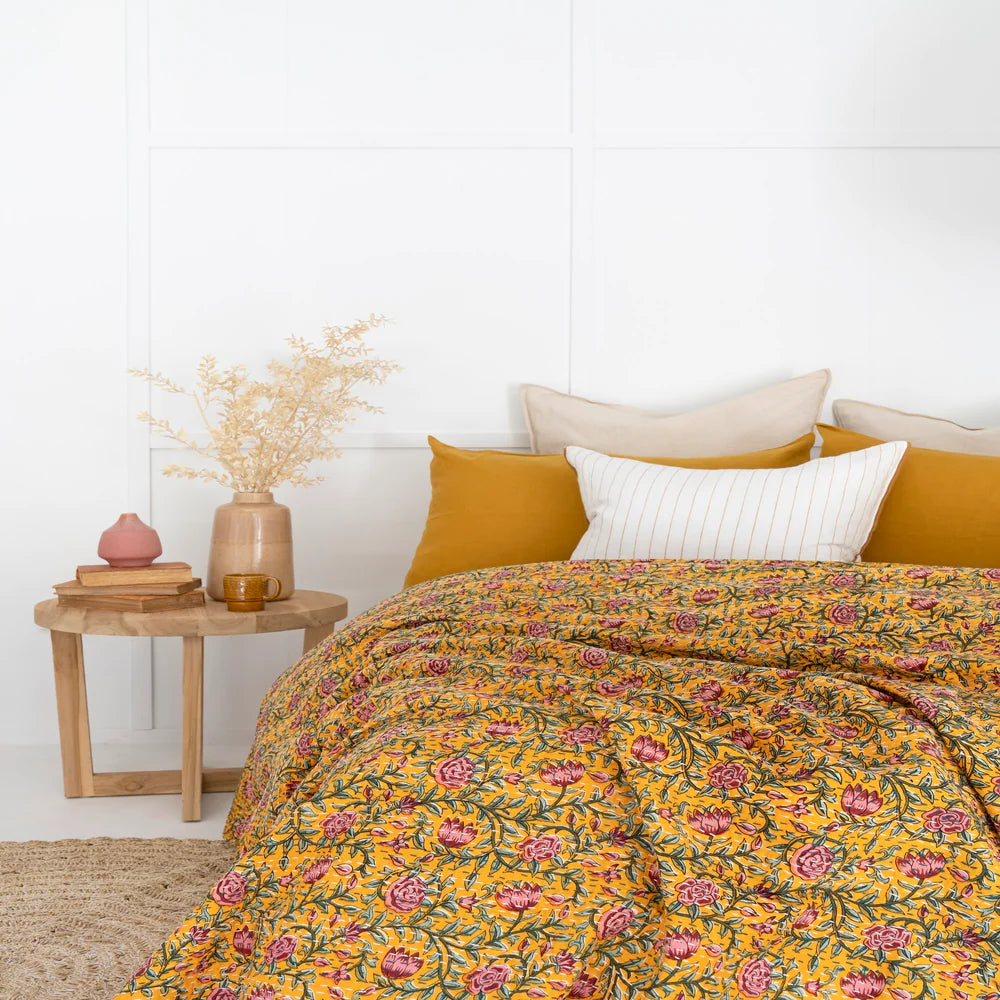 Floral Canopy in Yellow Cotton Bedspread