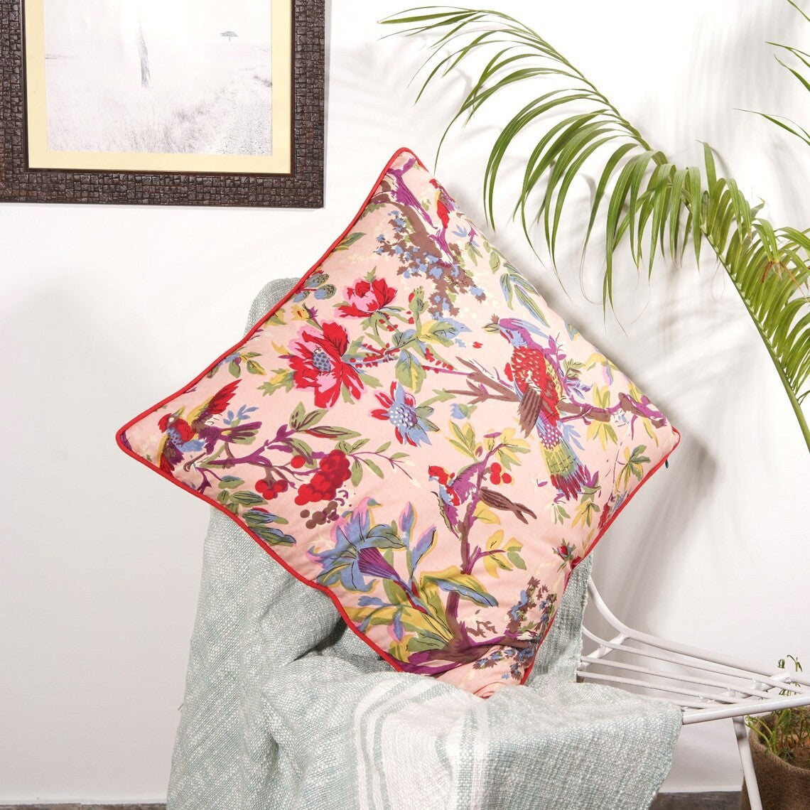 Floral Sparrow Cotton Cushion Cover 50 x 50cms - Pink