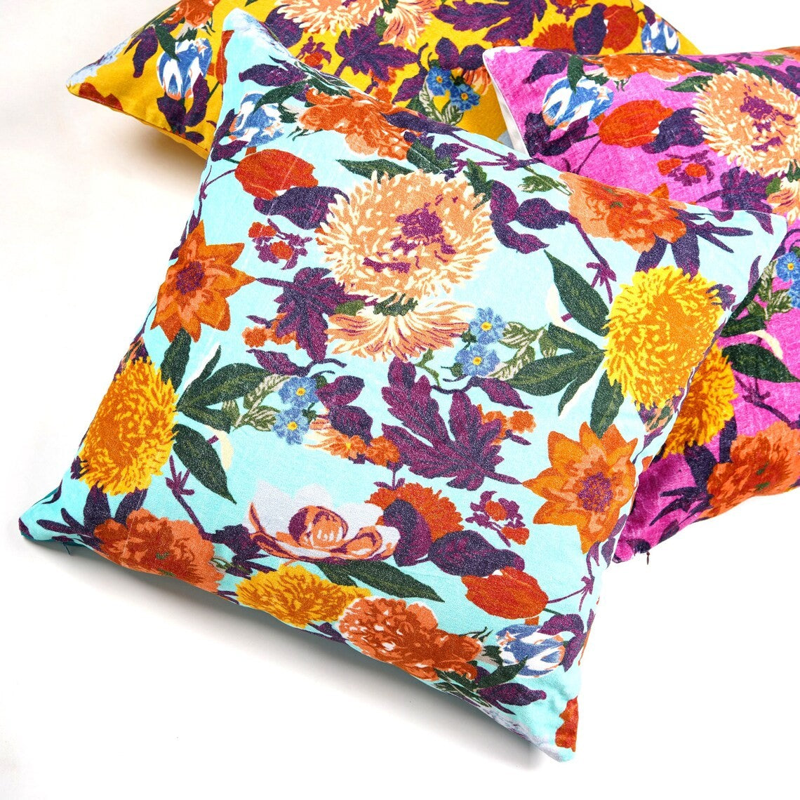 Floral Symphony Cotton Cushion Cover 50 x 50cms - Blue