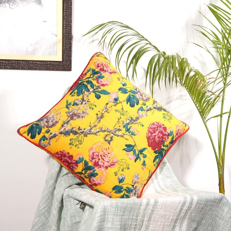 Floral Symphony Printed Cotton Cushion Cover 50 x 50cms - Yellow