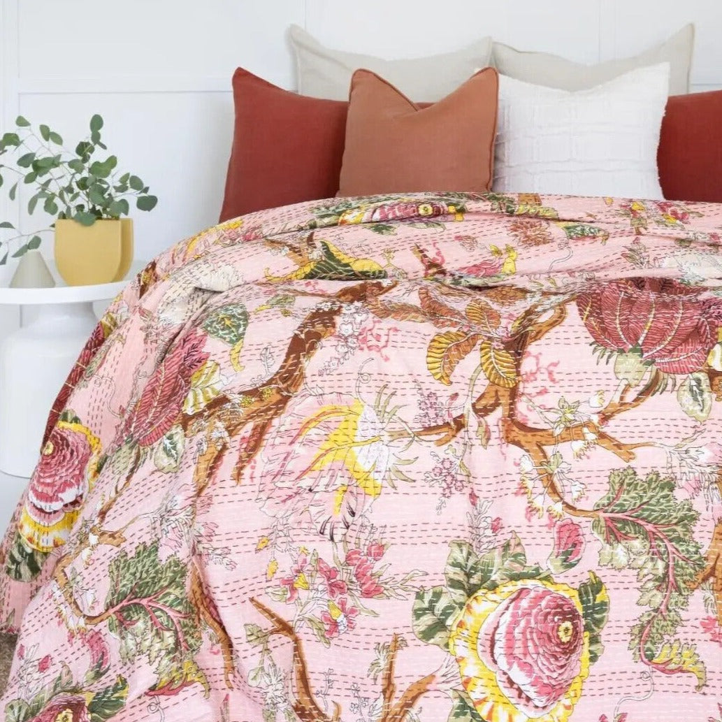 Floral Whispers Pink Cotton Bedspread King Size