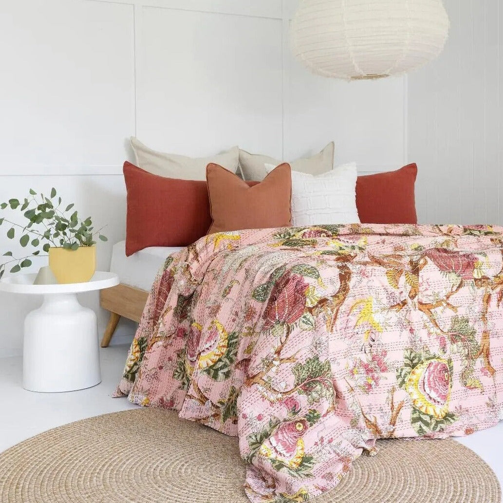 Floral Whispers Pink Cotton Bedspread King Size