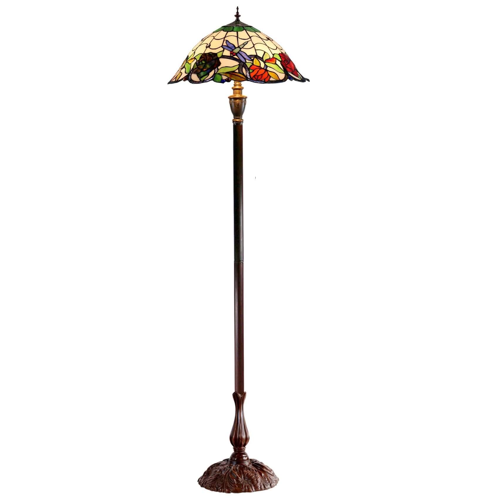 Flowers & Dragonflies Tiffany Stained Glass Floor Lamp