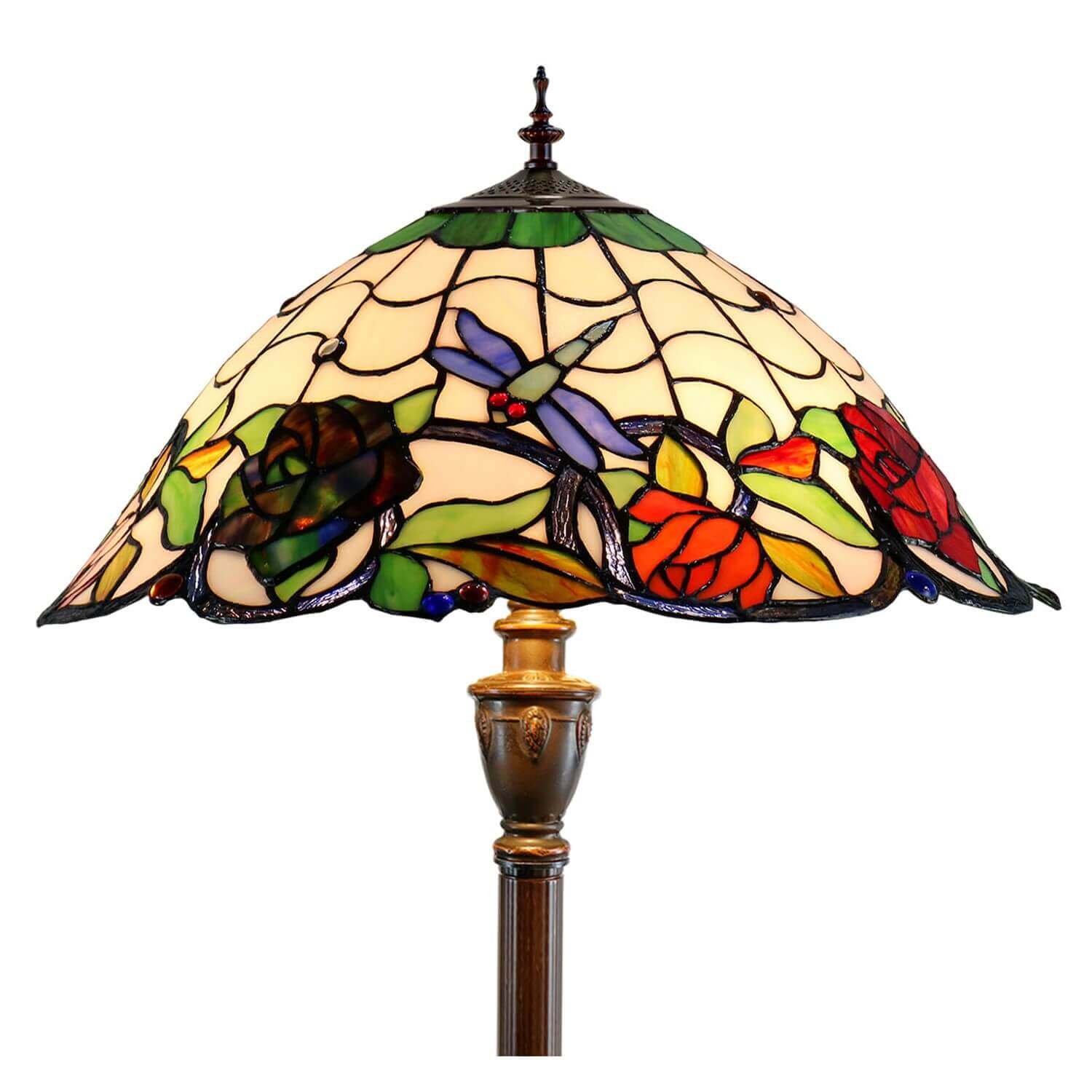 Flowers & Dragonflies Tiffany Stained Glass Floor Lamp