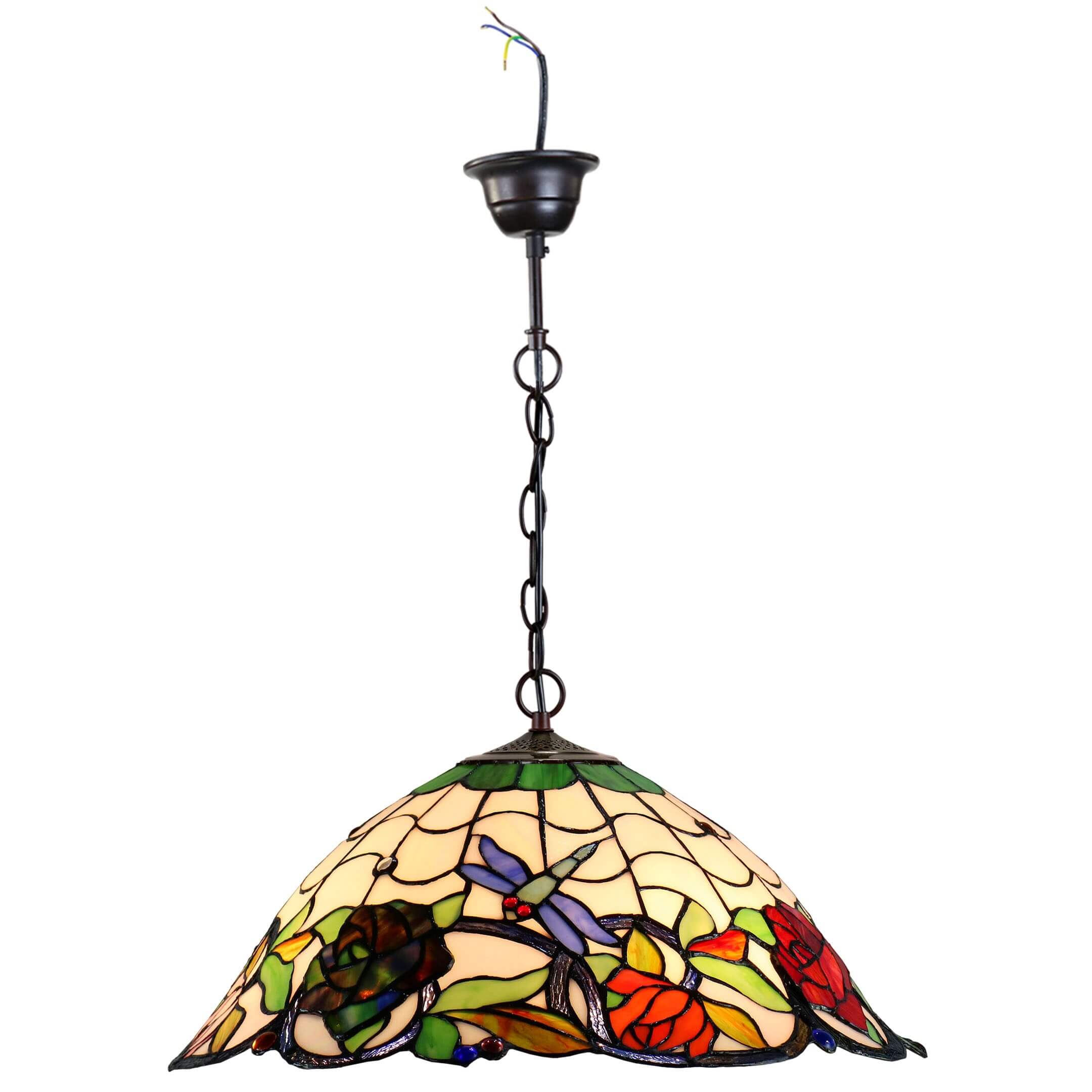 Flowers & Dragonflies Tiffany Stained Glass Hanging Lamp