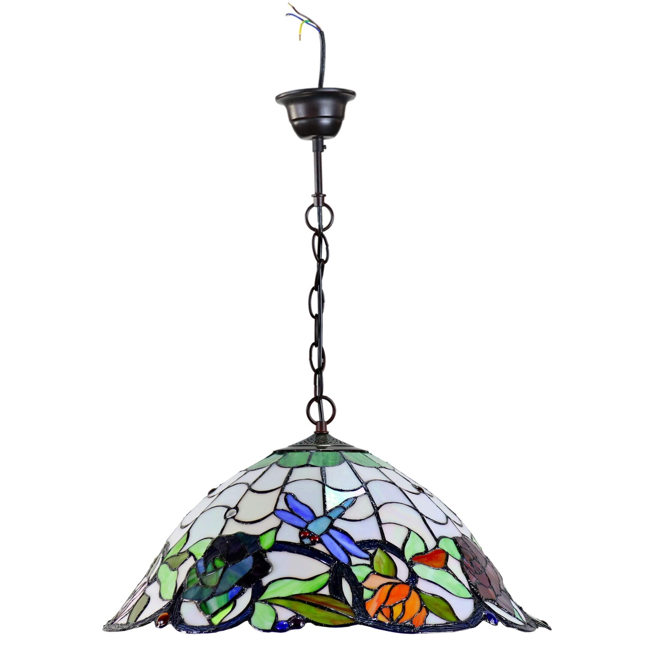 Flowers & Dragonflies Tiffany Stained Glass Hanging Lamp