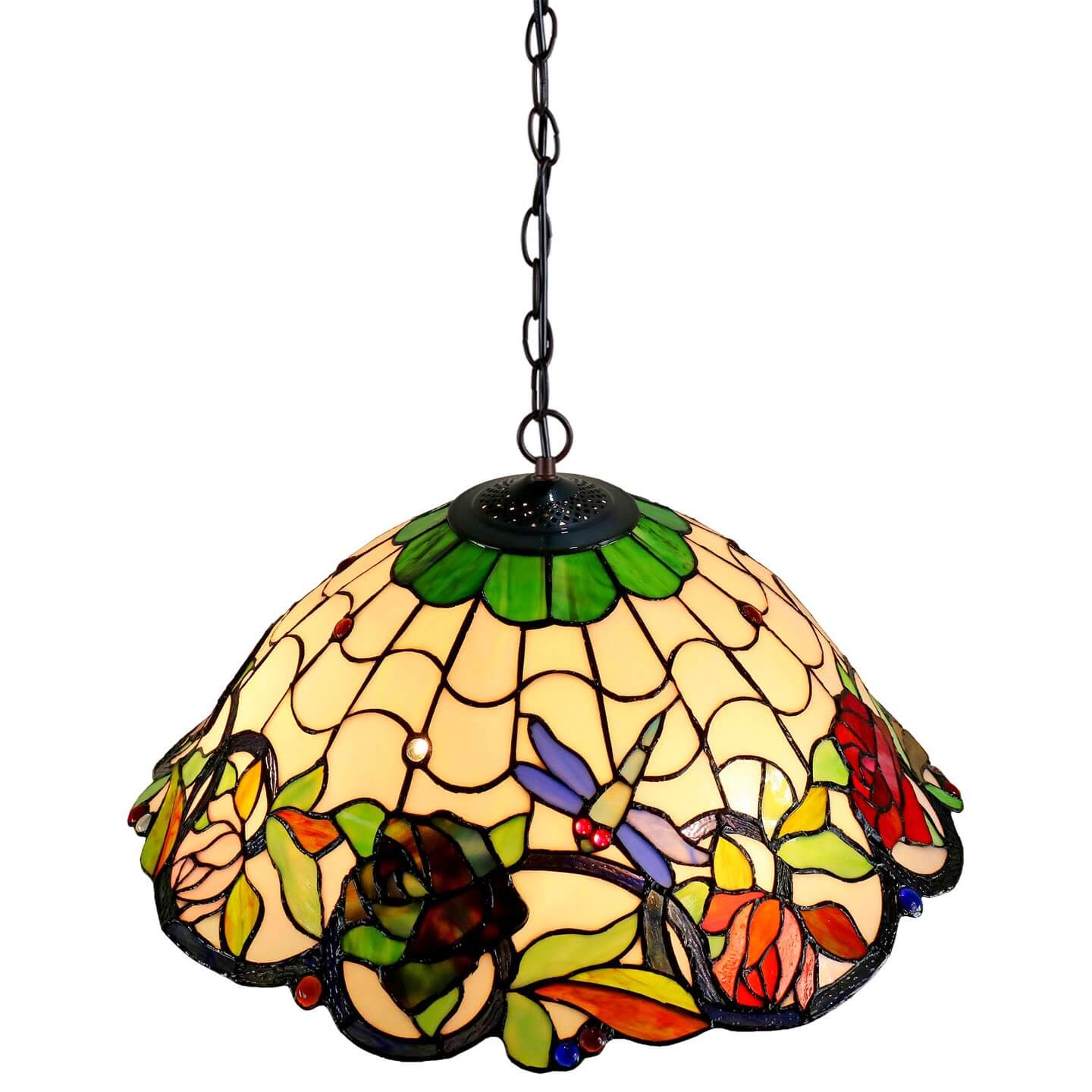 Flowers & Dragonflies Tiffany Stained Glass Hanging Lamp