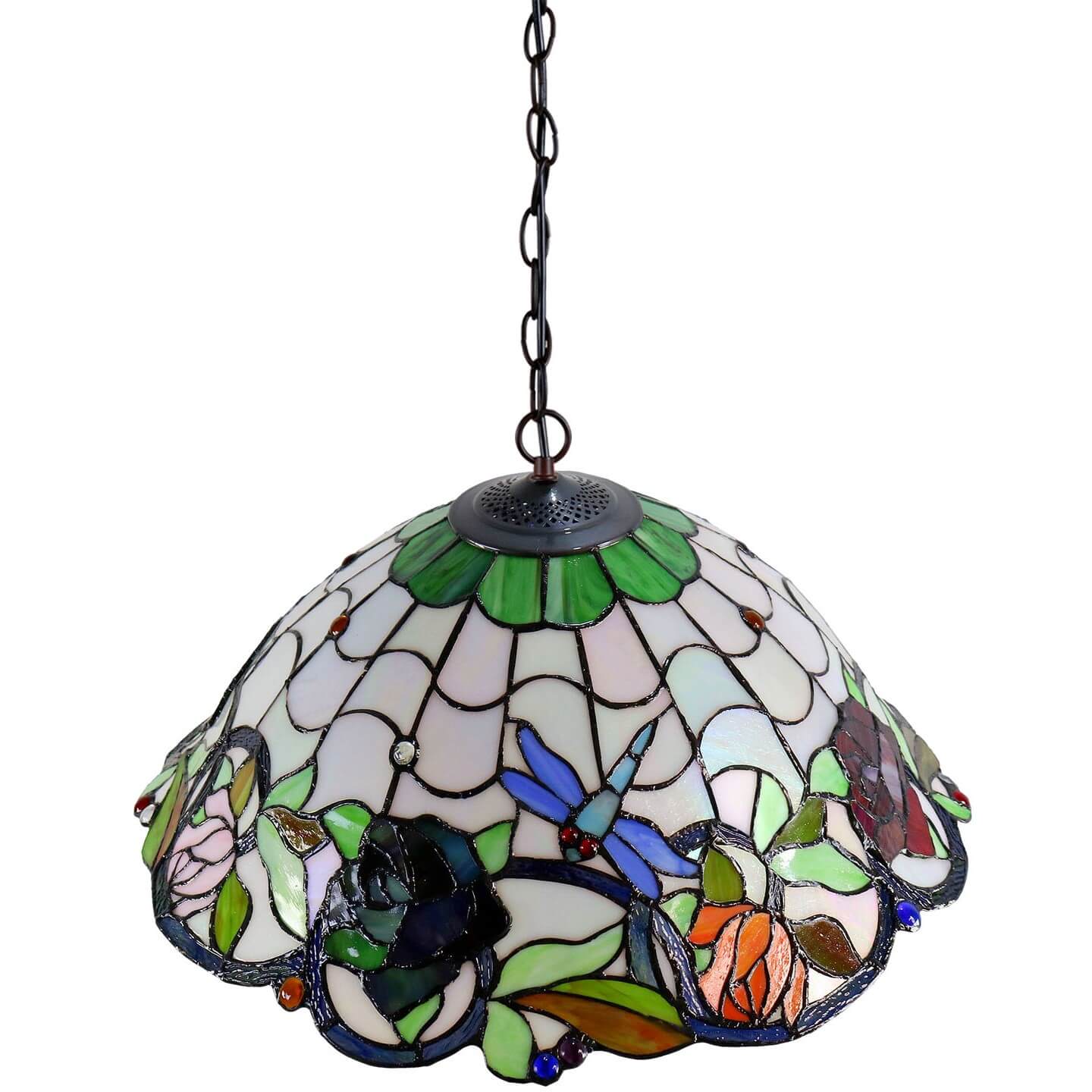 Flowers & Dragonflies Tiffany Stained Glass Hanging Lamp