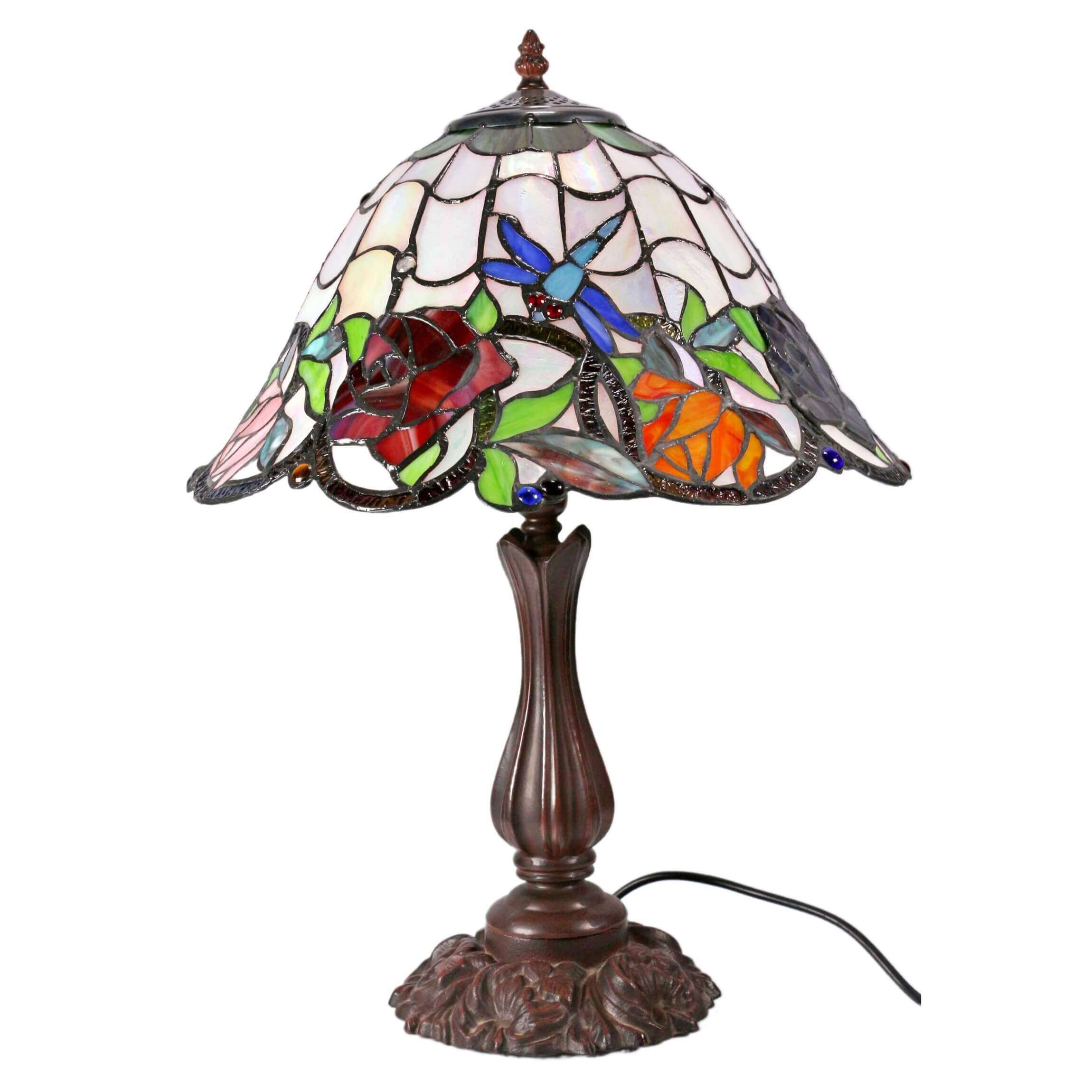 Flowers & Dragonflies Tiffany Stained Glass Table Lamp (Available in 2 Sizes)