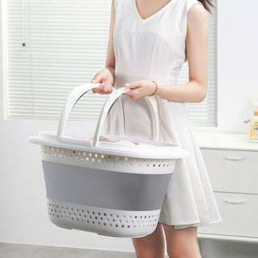 Foldable Laundry Washing Basket with Handle - Grey/White