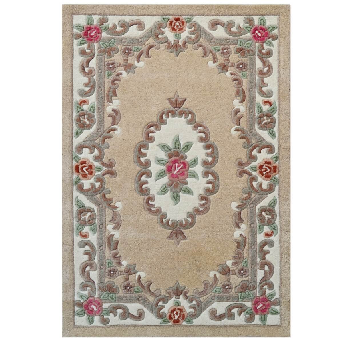 French Floral Handwoven Woolen Rug - Beige (Available in 3 Sizes)