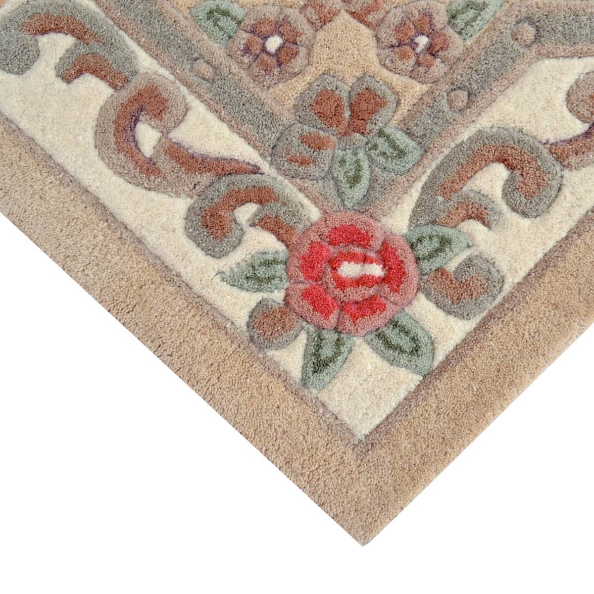 French Floral Handwoven Woolen Rug - Beige - Floor Runner