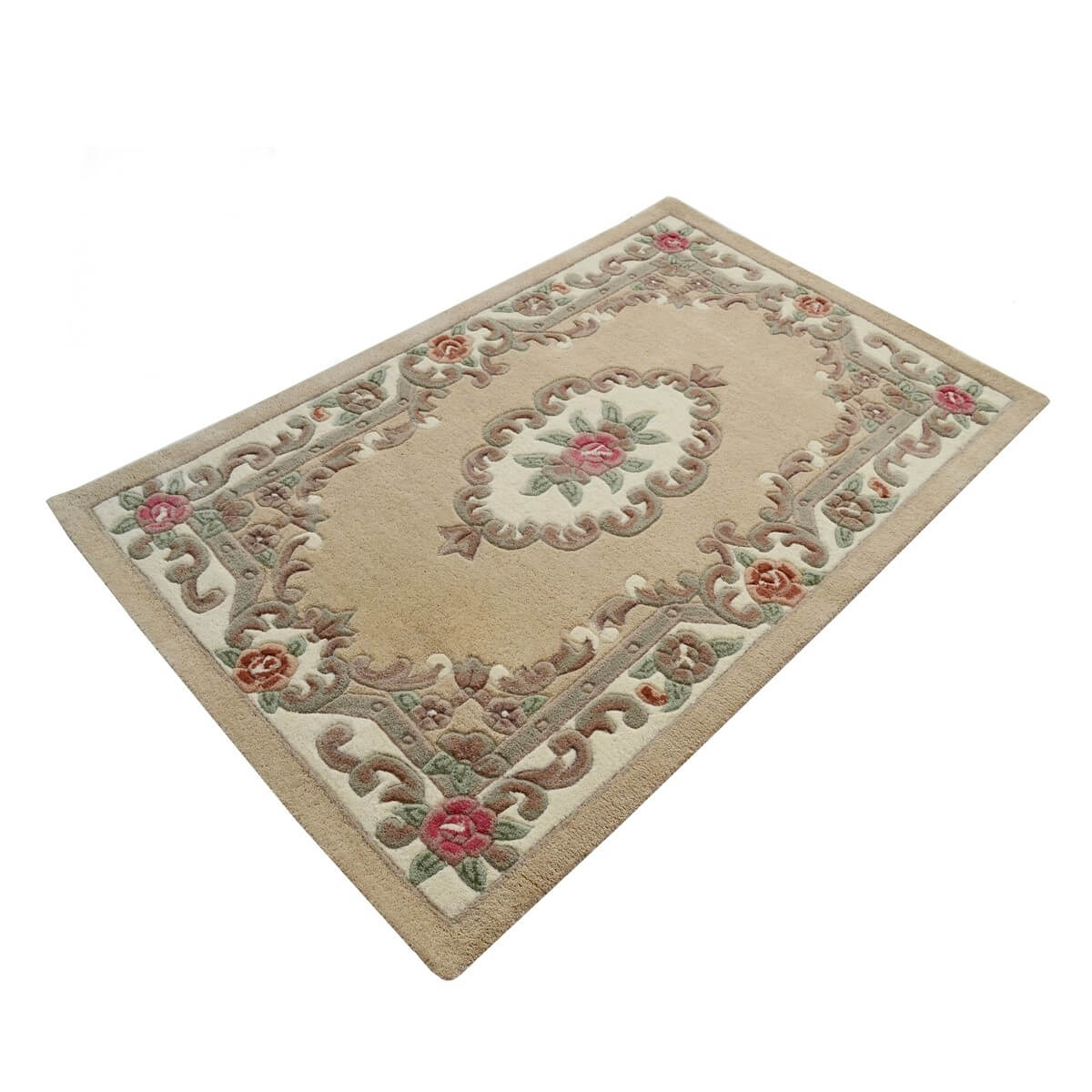 French Floral Handwoven Woolen Rug - Beige (Available in 3 Sizes)