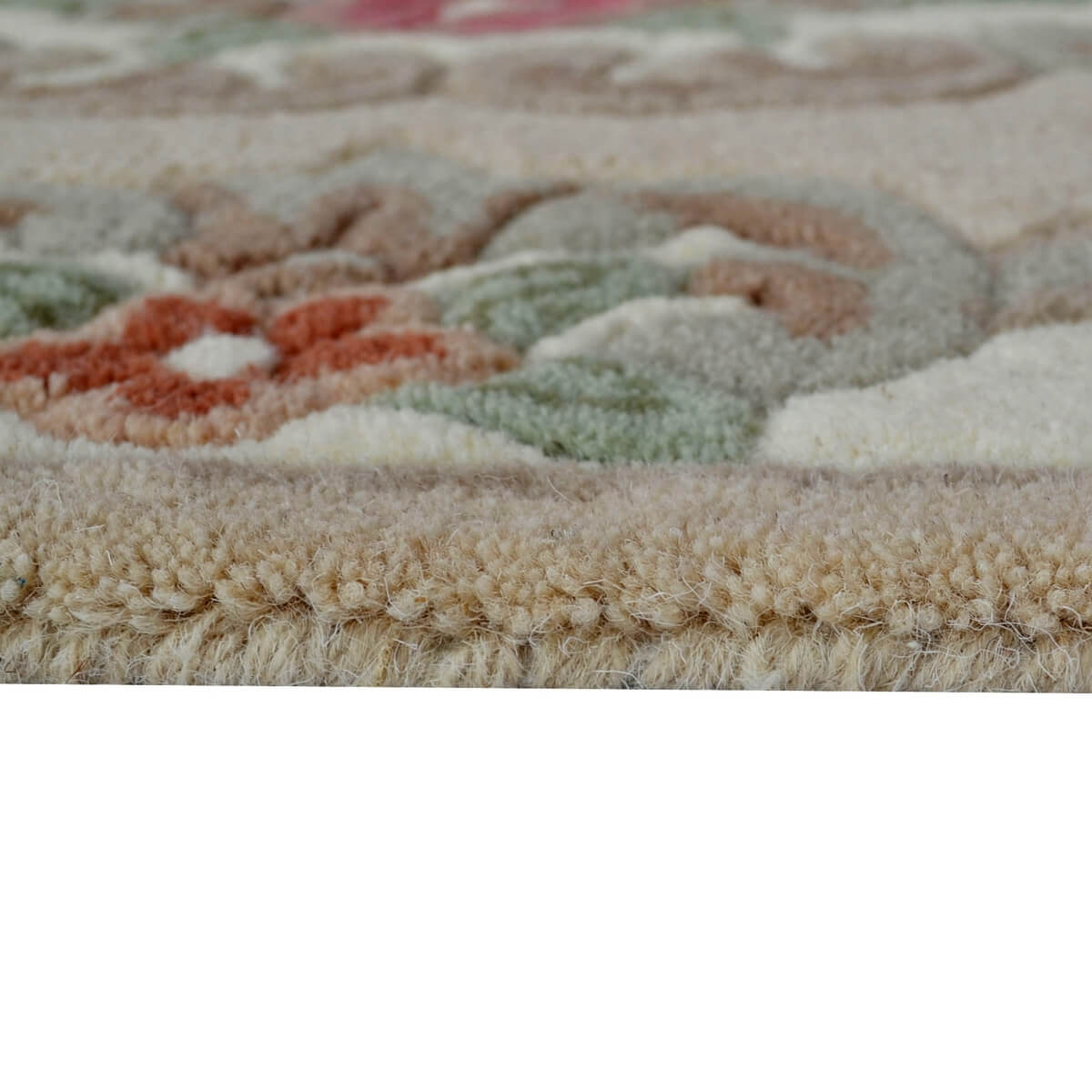 French Floral Handwoven Woolen Rug - Beige - Round