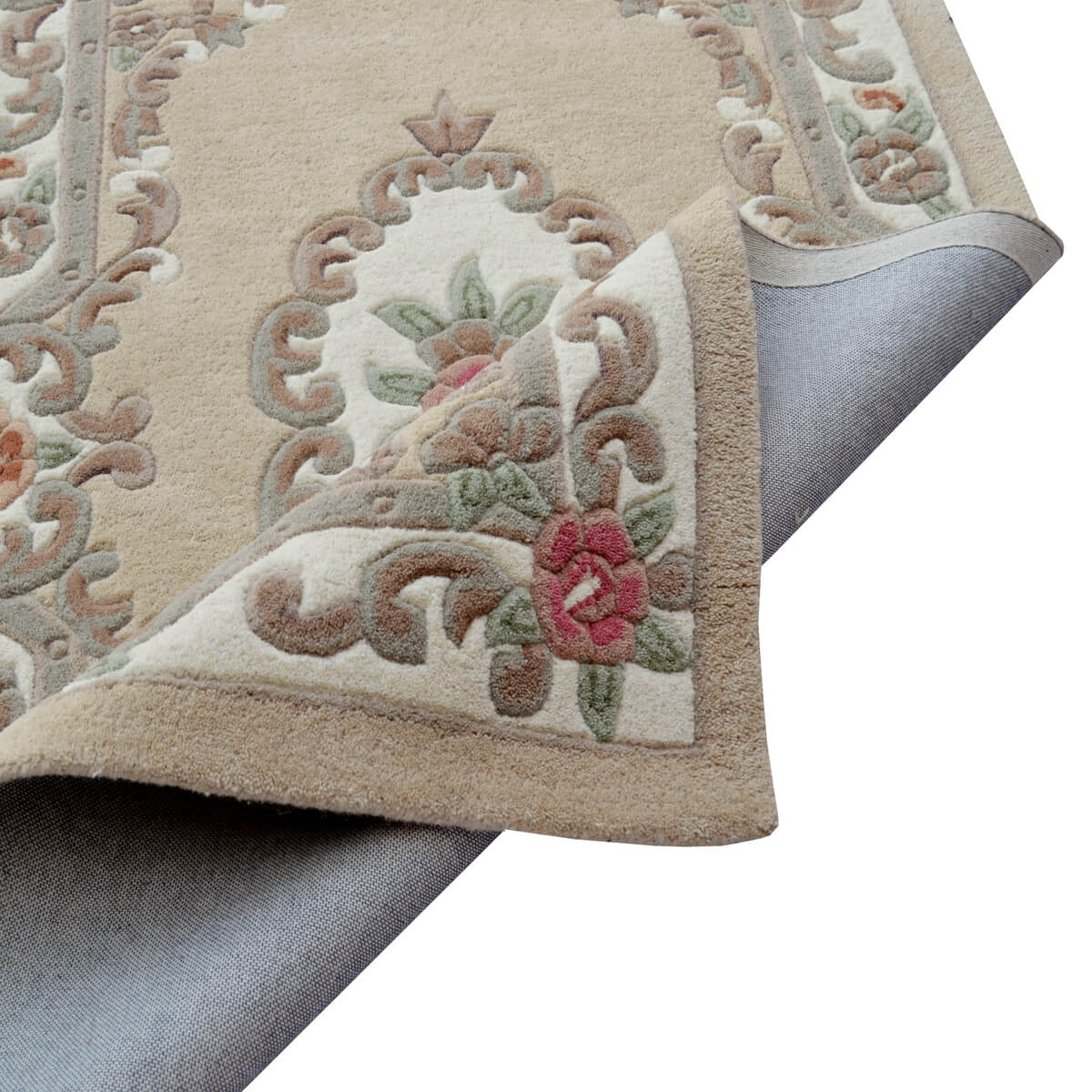 French Floral Handwoven Woolen Rug - Beige - Floor Runner