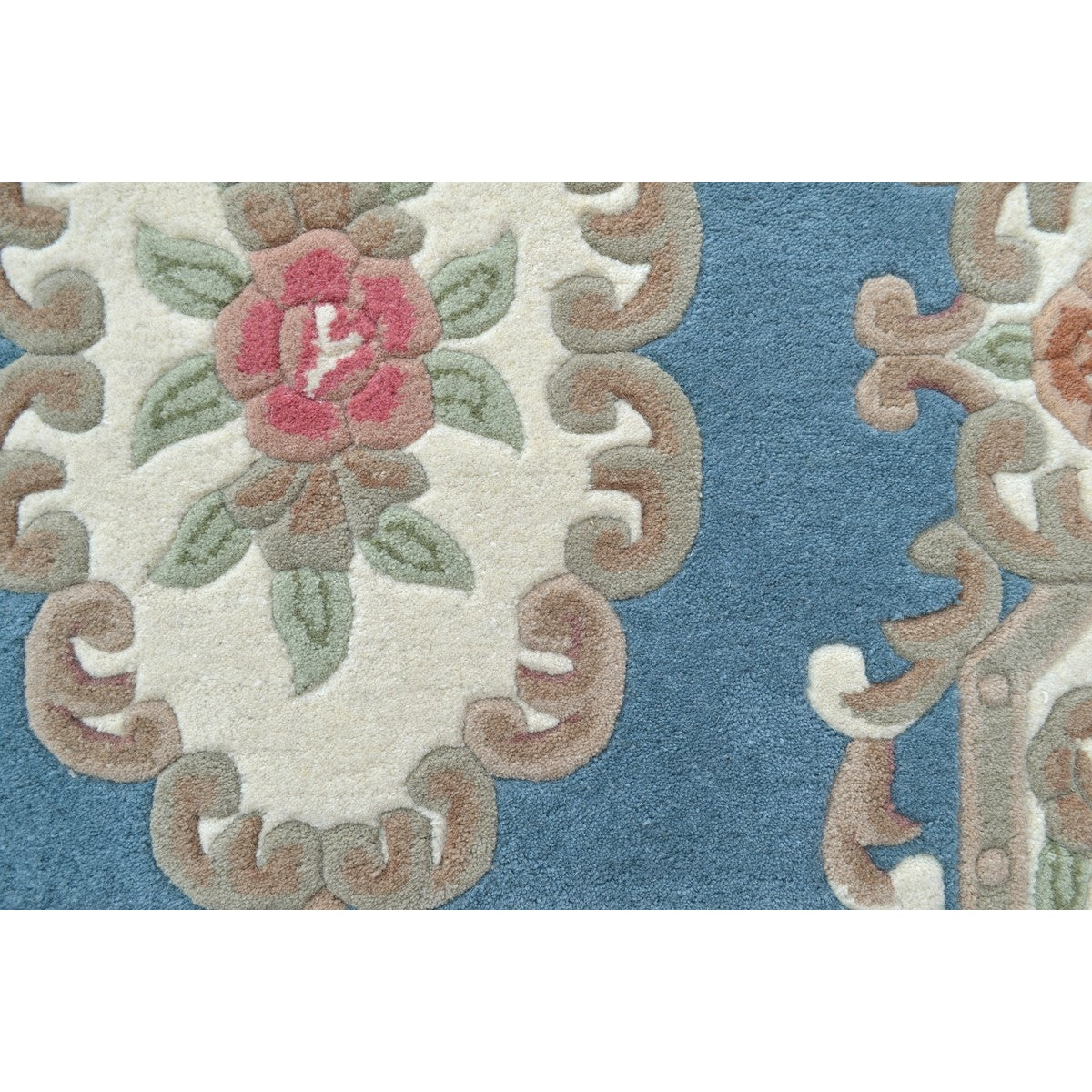 French Floral Handwoven Woolen Rug - Blue - Floor Runner