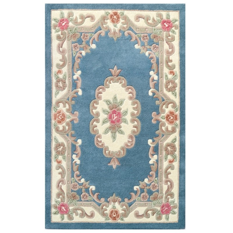 French Floral Handwoven Woolen Rug - Blue (Available in 3 Sizes)