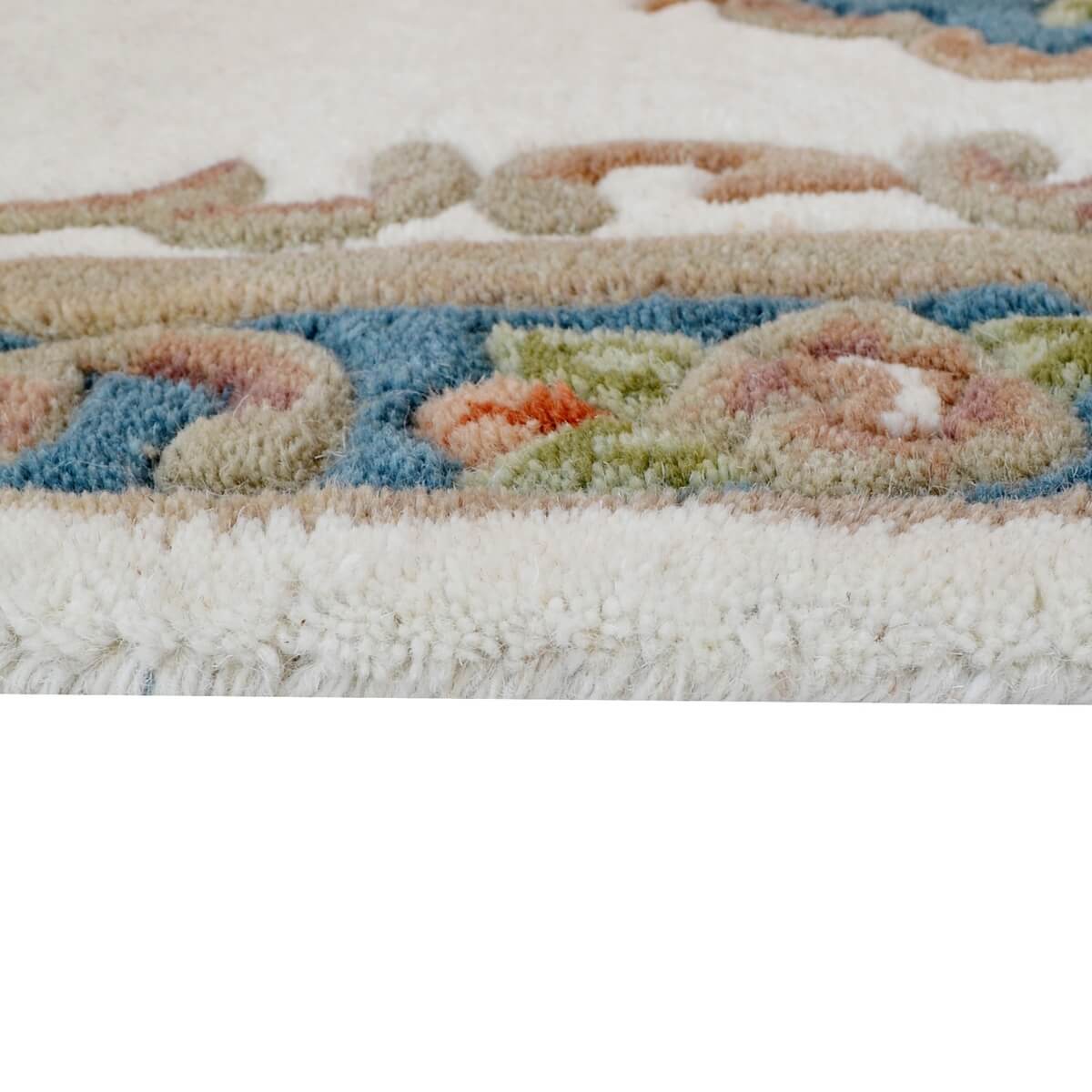 French Floral Handwoven Woolen Rug - Ivory / Blue - Floor Runner