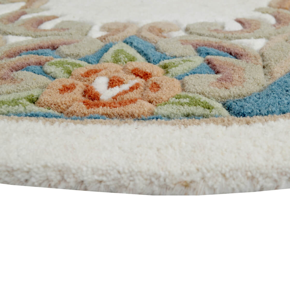 French Floral Handwoven Woolen Rug - Ivory / Blue - Round