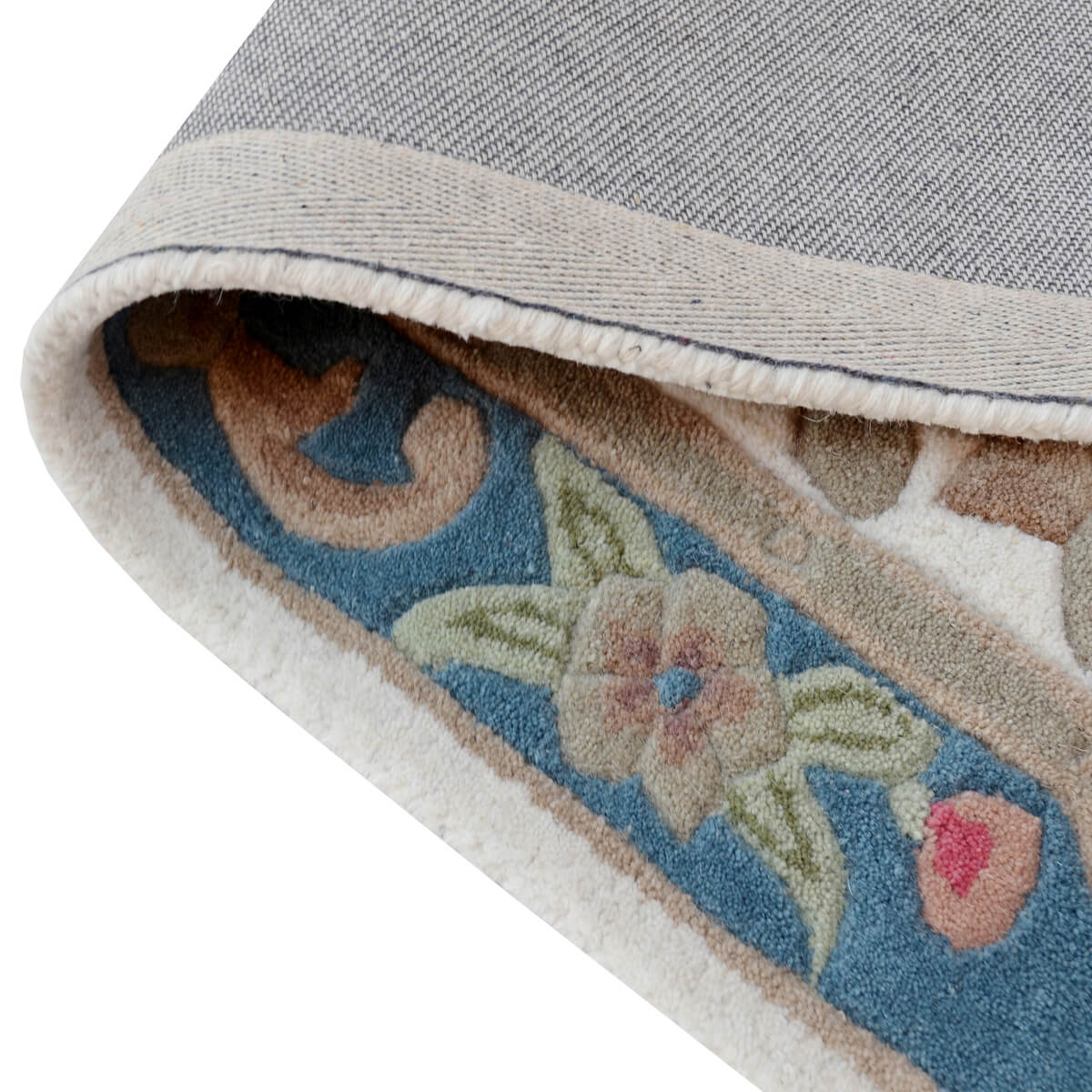 French Floral Handwoven Woolen Rug - Ivory / Blue - Floor Runner