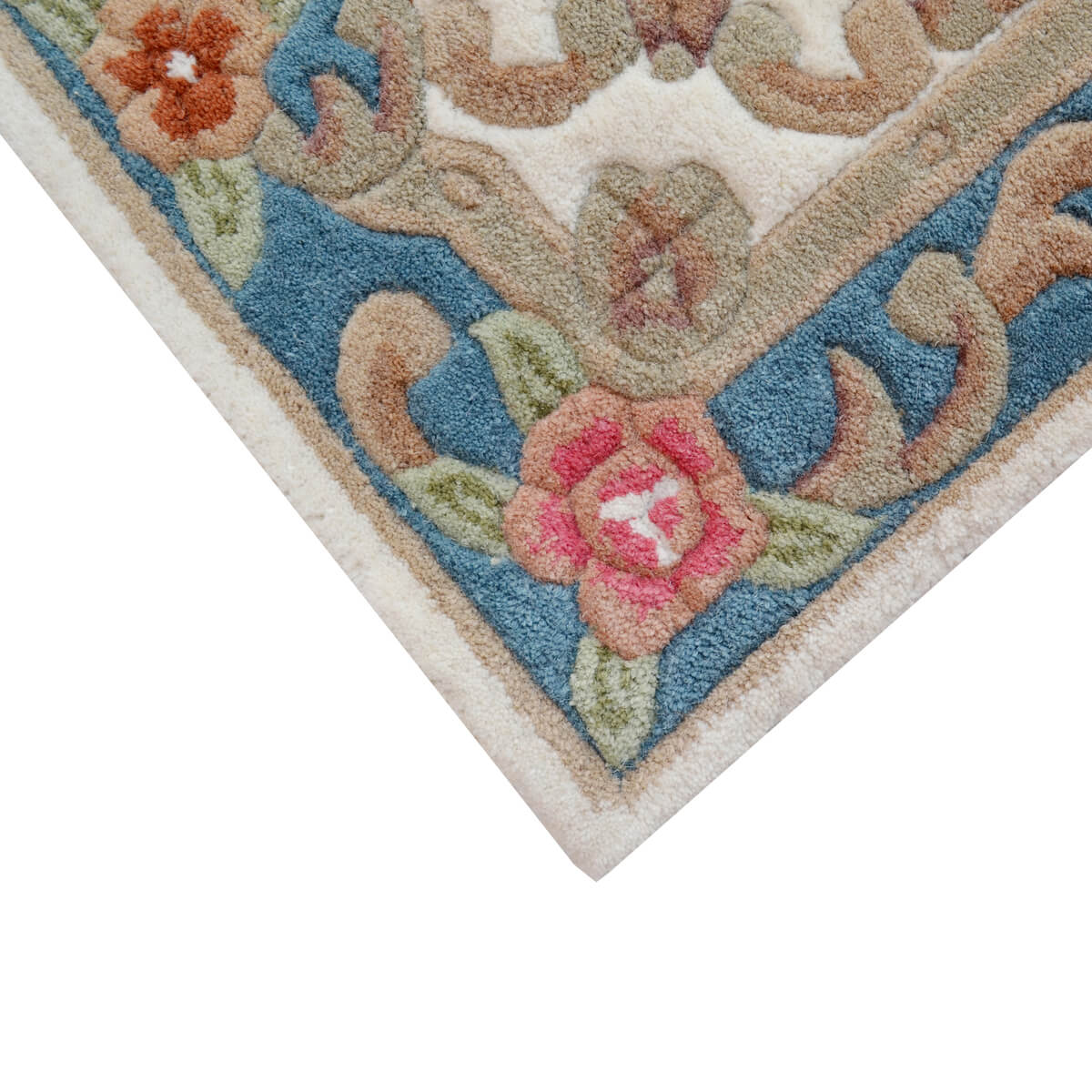 French Floral Handwoven Woolen Rug - Ivory / Blue - Floor Runner