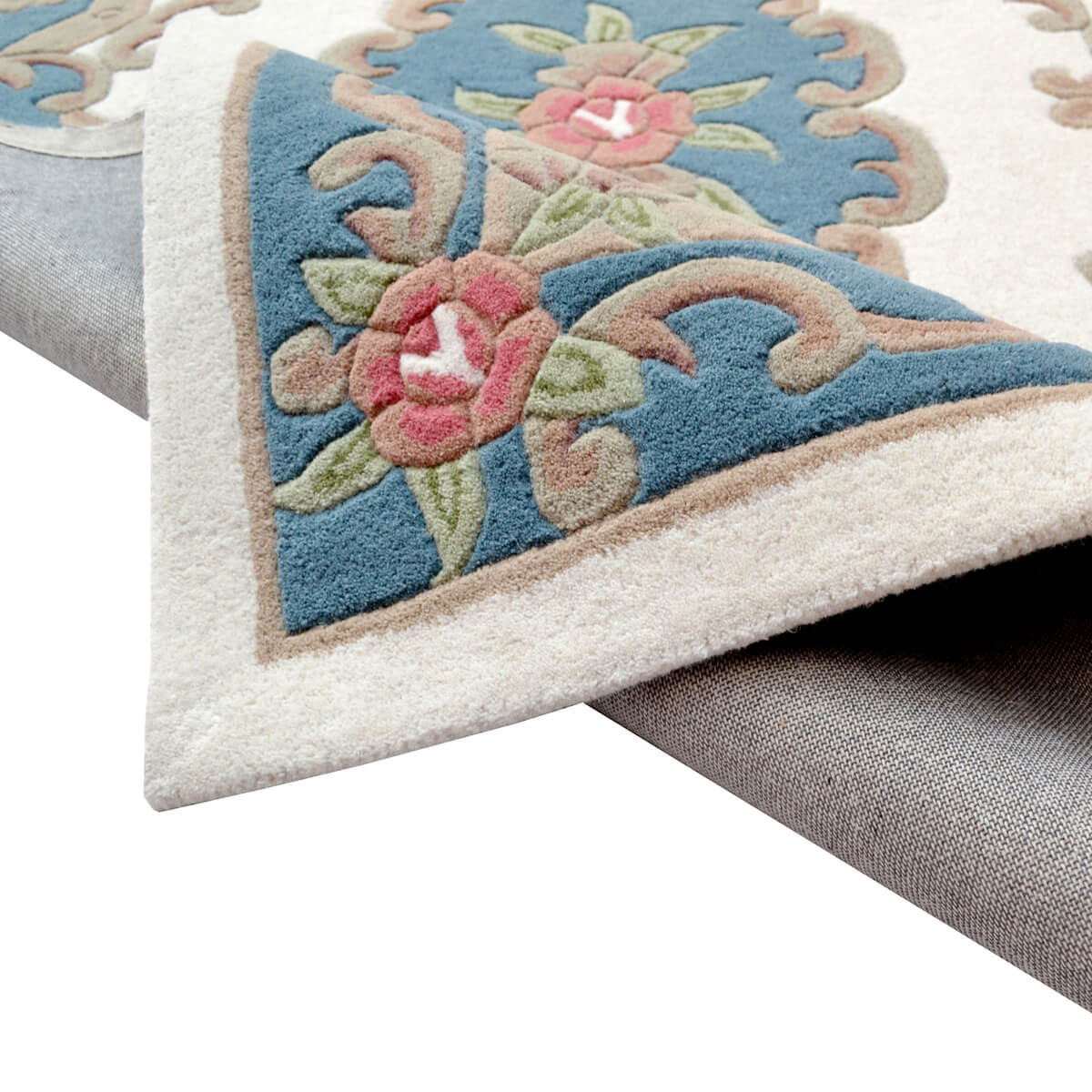 French Floral Handwoven Woolen Rug - Ivory / Blue (Available in 3 Sizes)