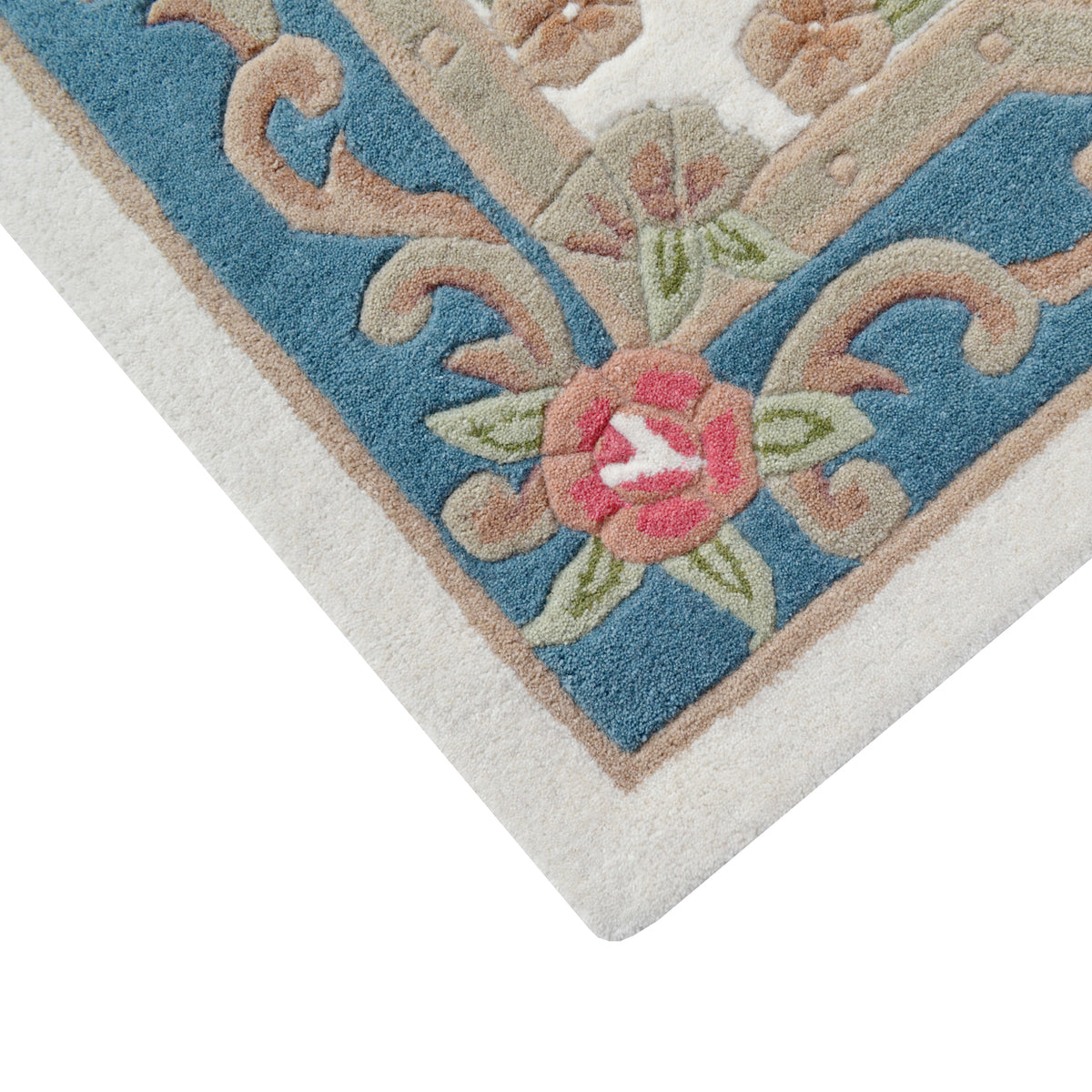 French Floral Handwoven Woolen Rug - Ivory / Blue (Available in 3 Sizes)