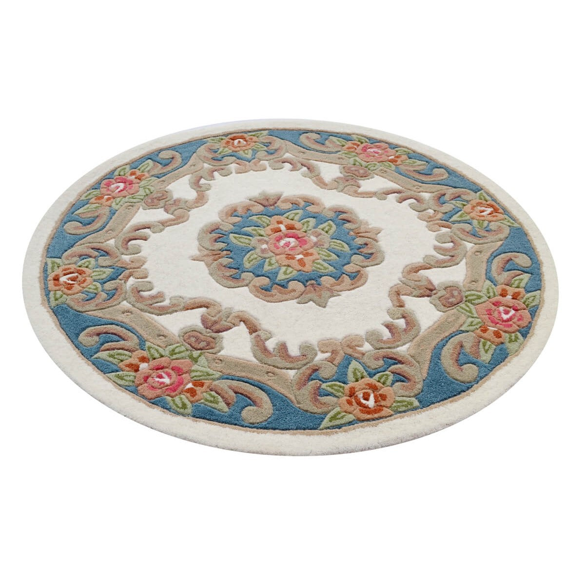 French Floral Handwoven Woolen Rug - Ivory / Blue - Round