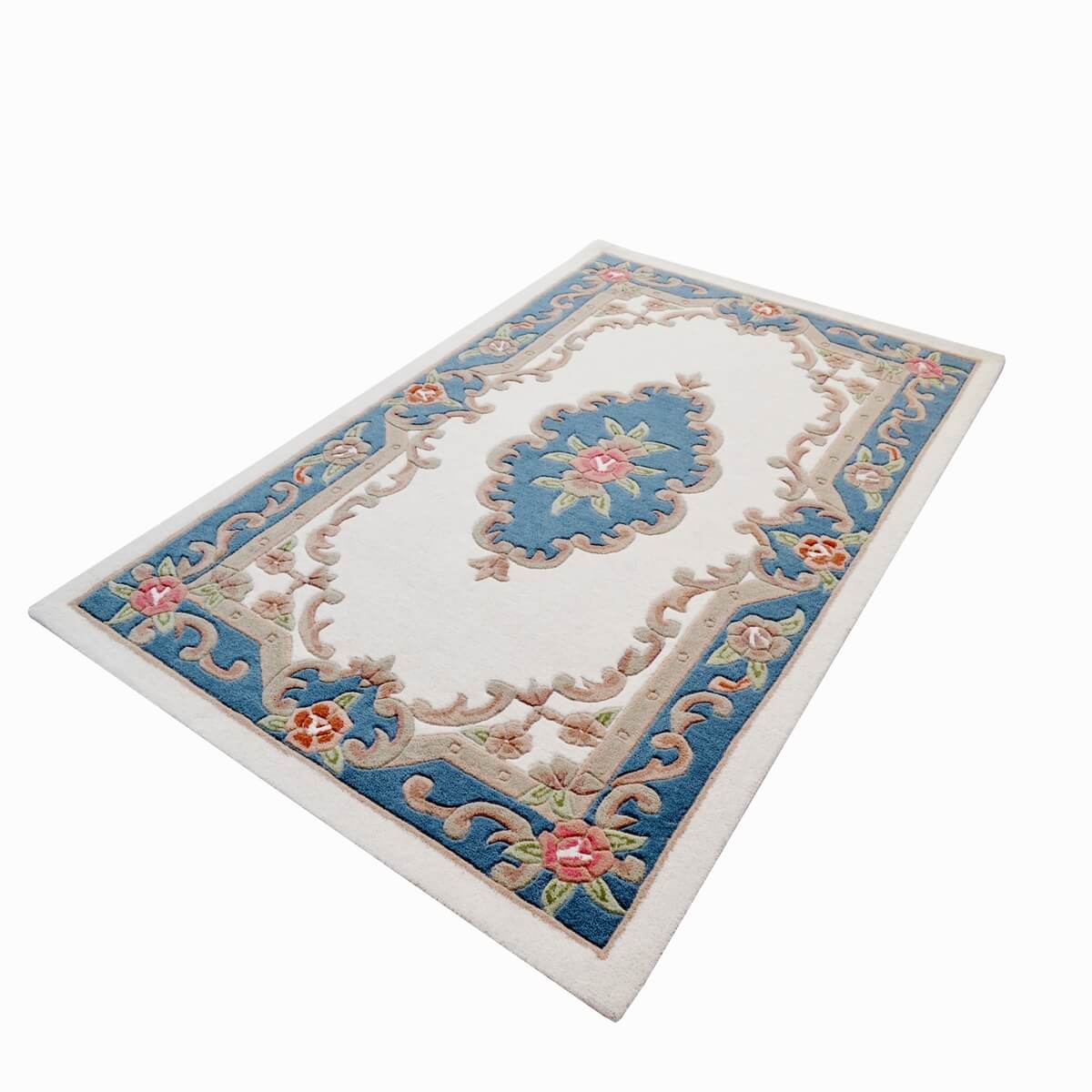 French Floral Handwoven Woolen Rug - Ivory / Blue (Available in 3 Sizes)