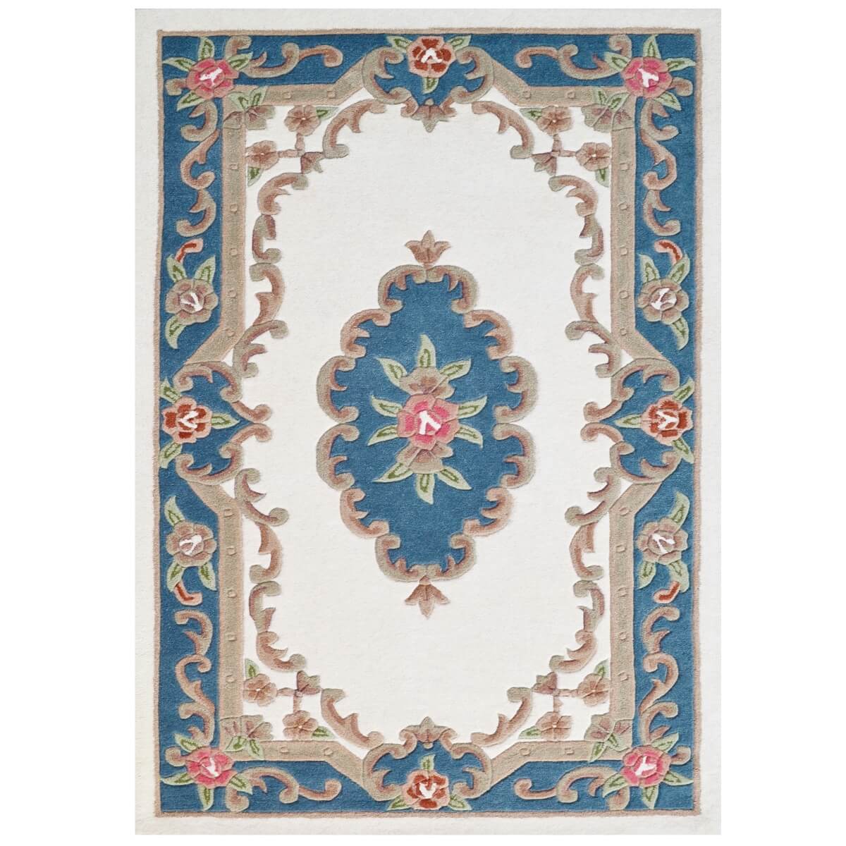 French Floral Handwoven Woolen Rug - Ivory / Blue (Available in 3 Sizes)