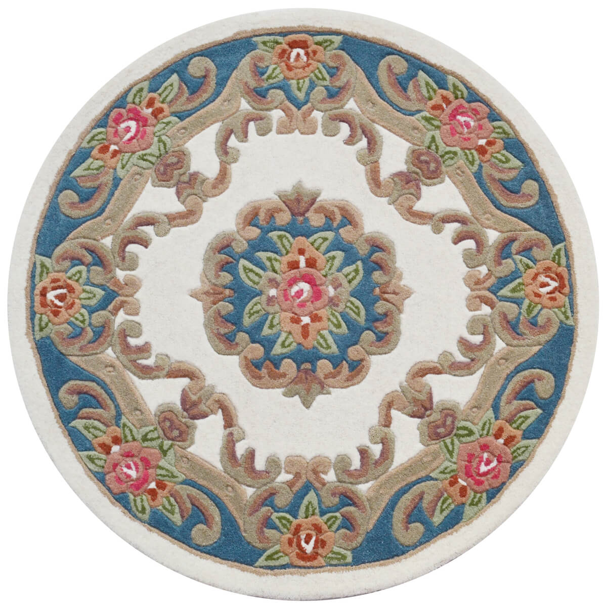 French Floral Handwoven Woolen Rug - Ivory / Blue - Round