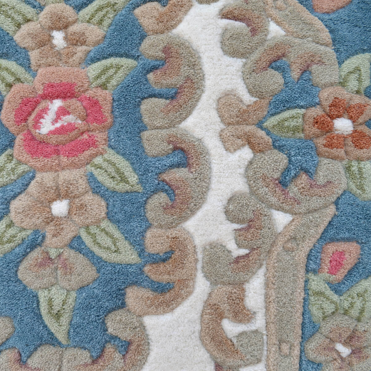 French Floral Handwoven Woolen Rug - Ivory / Blue - Floor Runner