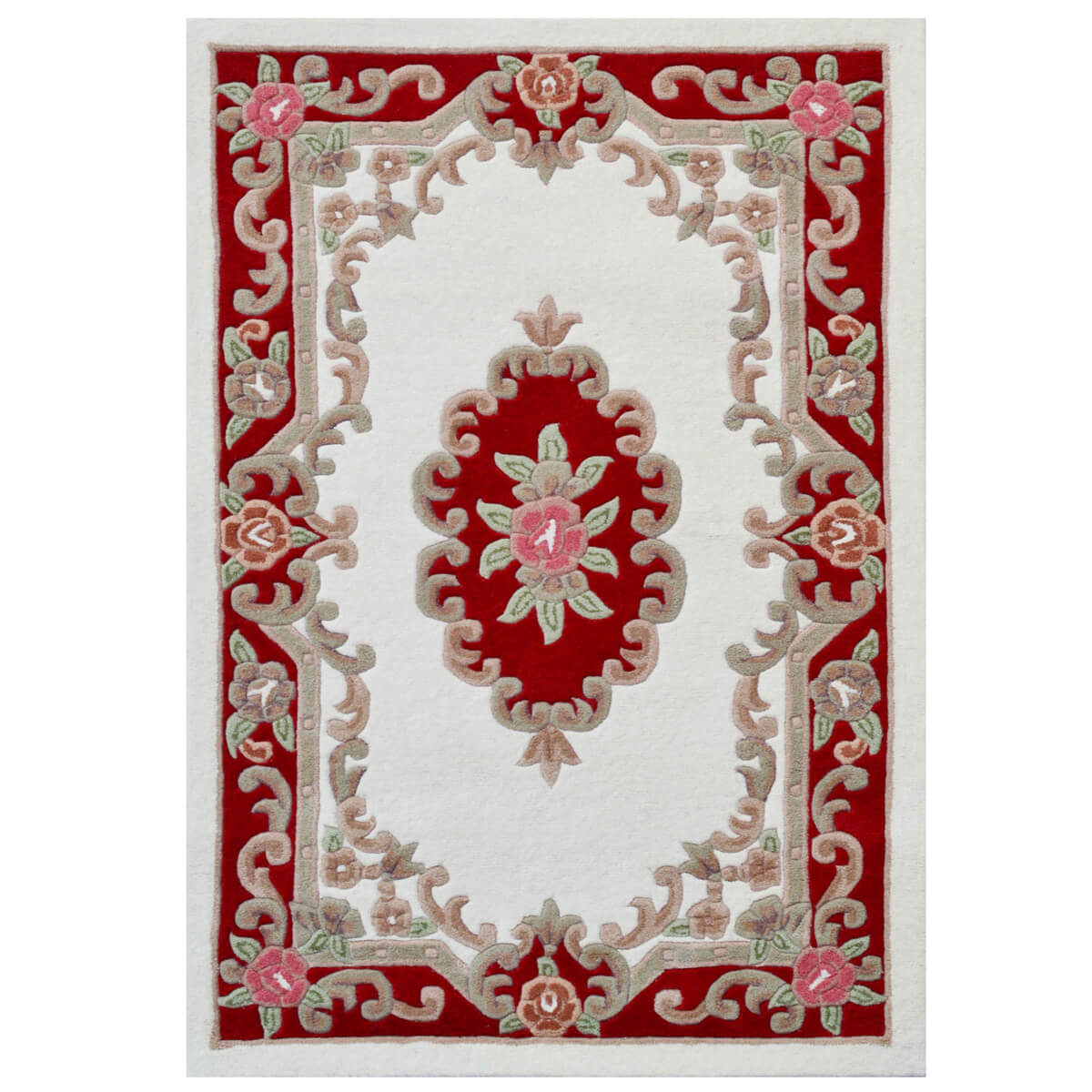 French Floral Handwoven Woolen Rug - Ivory / Red (Available in 3 Sizes)