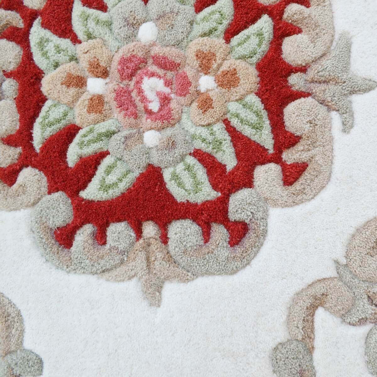 French Floral Handwoven Woolen Rug - Ivory / Red - Semicircle