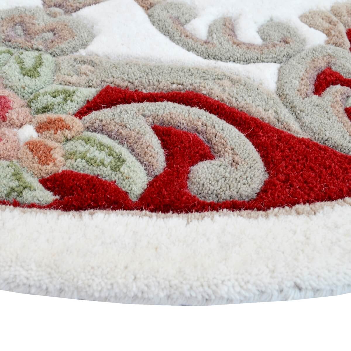 French Floral Handwoven Woolen Rug - Ivory / Red- Round