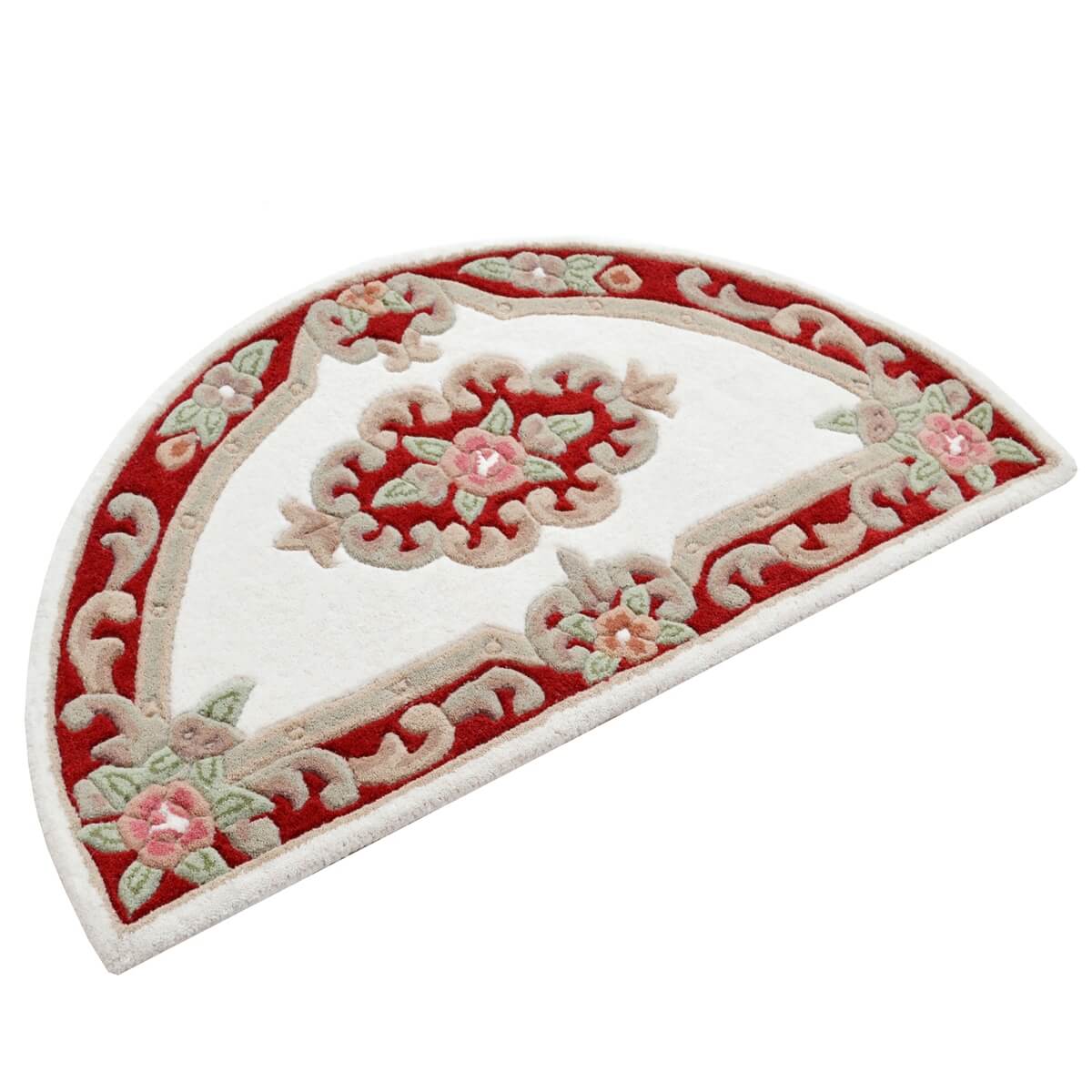 French Floral Handwoven Woolen Rug - Ivory / Red - Semicircle