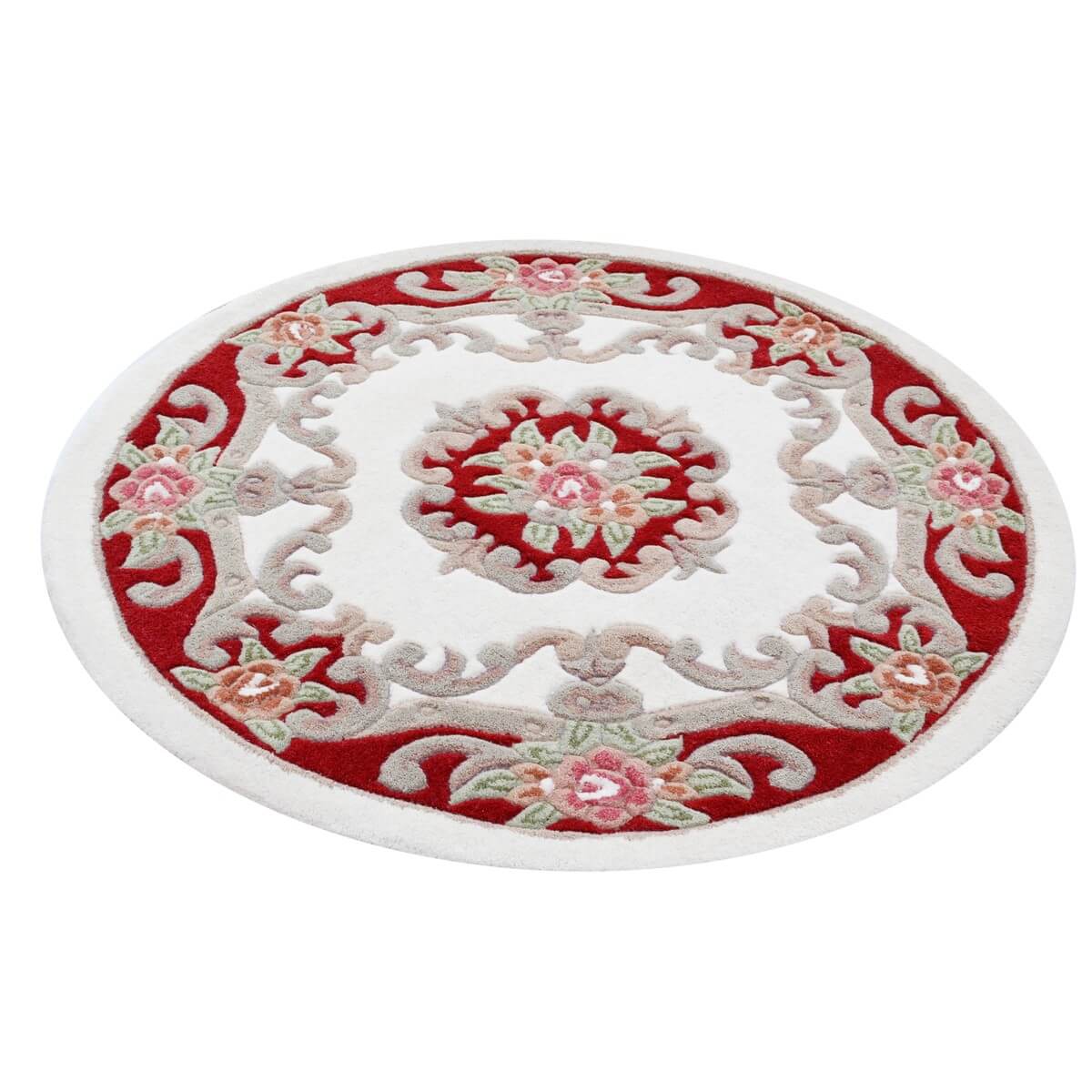 French Floral Handwoven Woolen Rug - Ivory / Red- Round