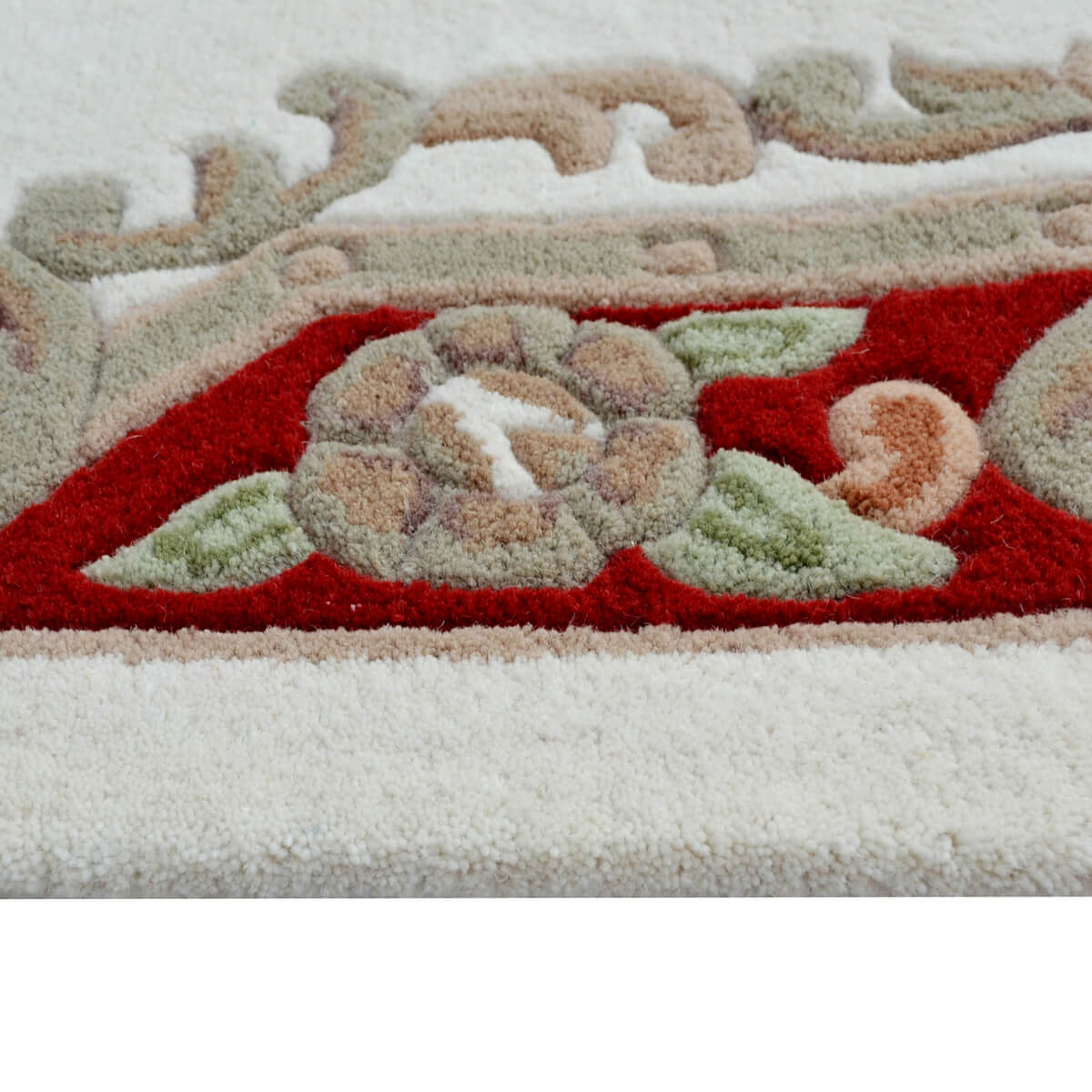 French Floral Handwoven Woolen Rug - Ivory / Red - Floor Runner