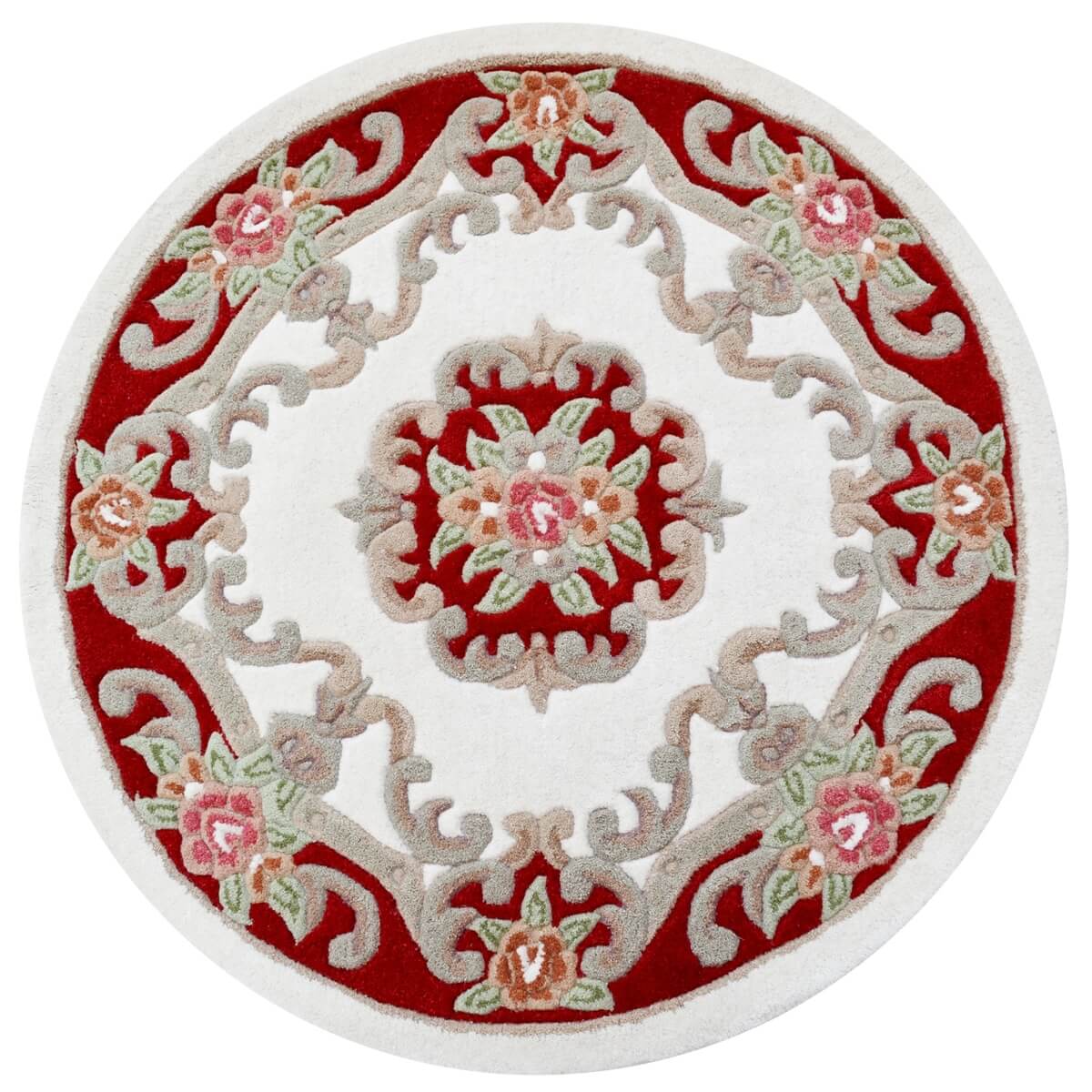 French Floral Handwoven Woolen Rug - Ivory / Red- Round