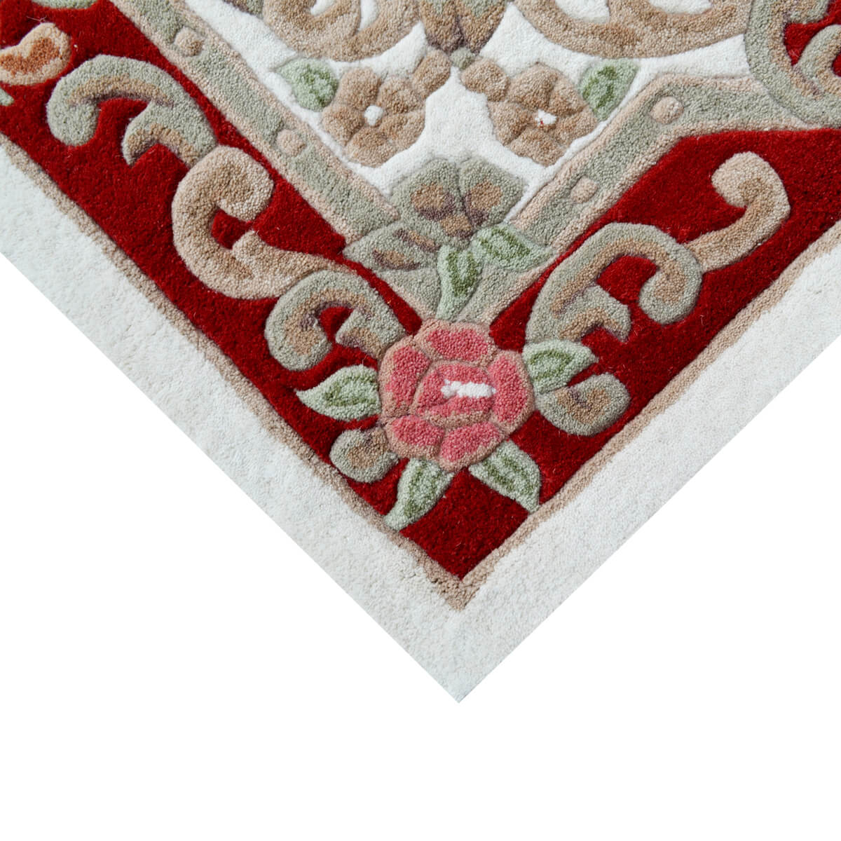 French Floral Handwoven Woolen Rug - Ivory / Red - Floor Runner