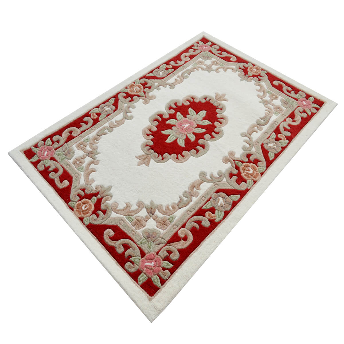 French Floral Handwoven Woolen Rug - Ivory / Red (Available in 3 Sizes)