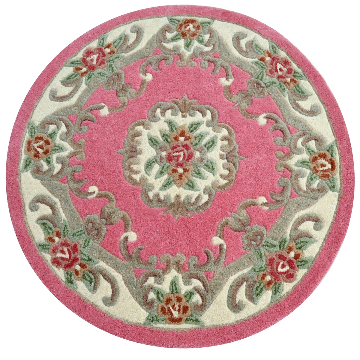 French Floral Handwoven Woolen Rug - Pink - Round