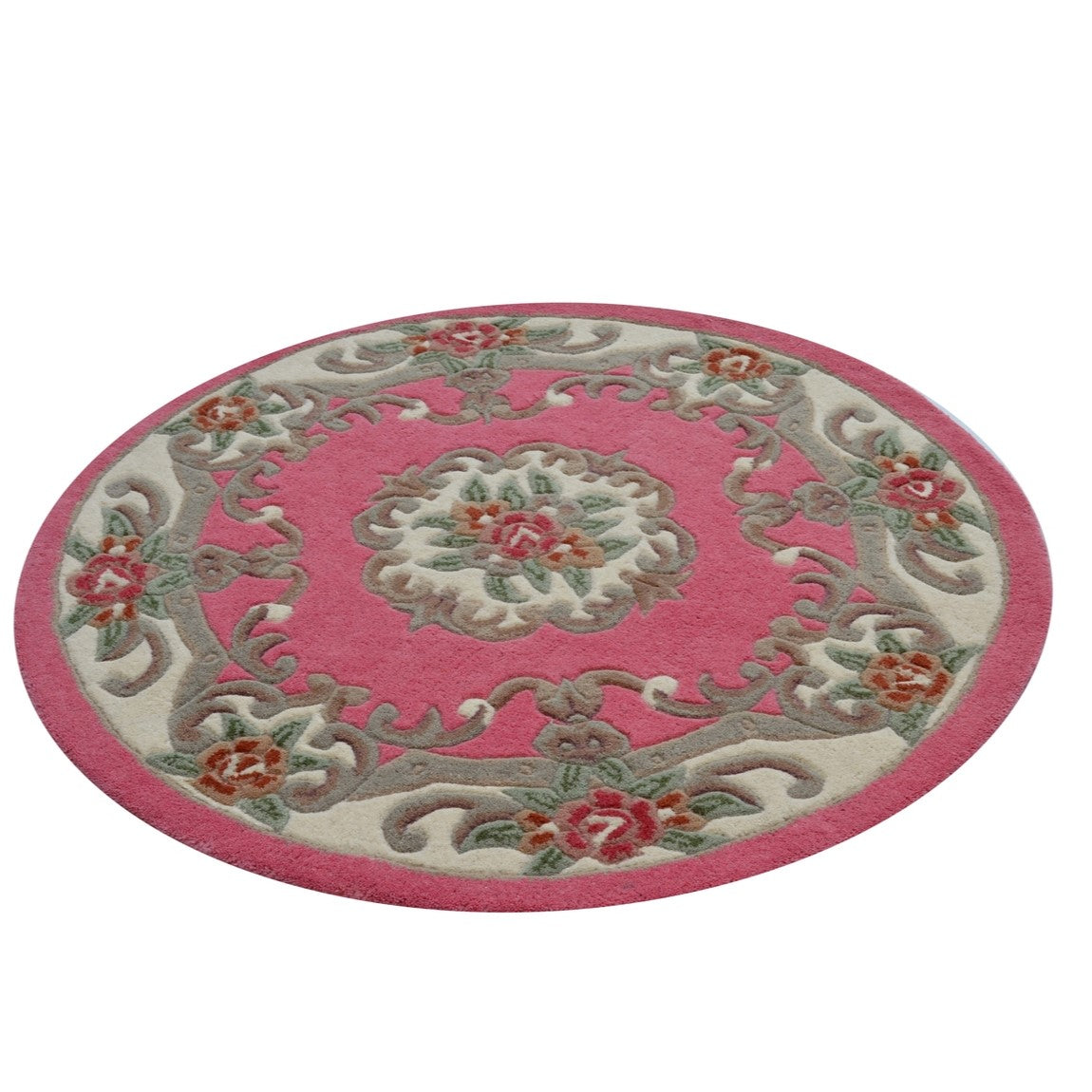 French Floral Handwoven Woolen Rug - Pink - Round