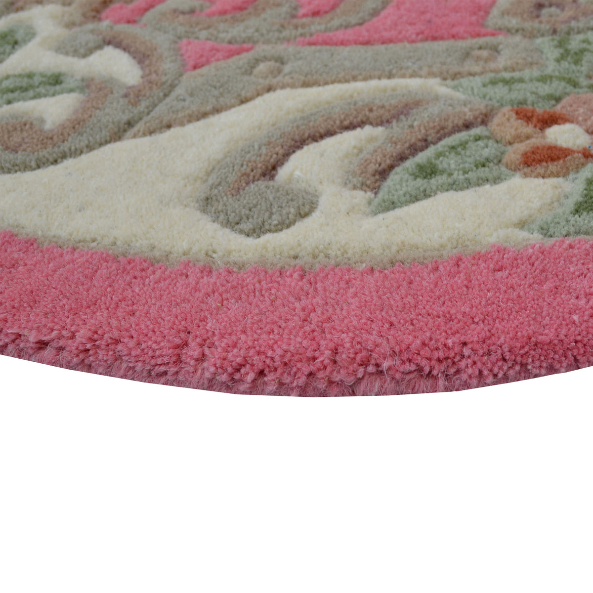 French Floral Handwoven Woolen Rug - Pink - Round